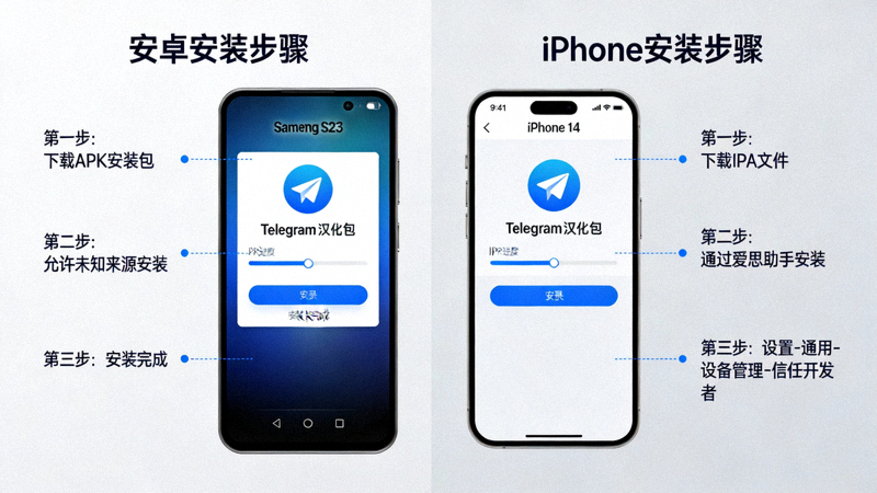 安卓手机与iPhone屏幕并列显示Telegram汉化包安装过程对比