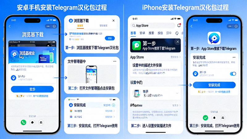 安卓手机与iPhone安装Telegram汉化包过程界面对比示意图