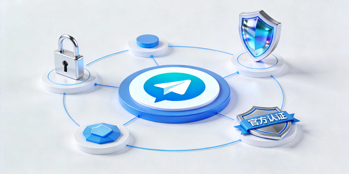 电报安全使用概念图：包含锁、盾牌、官方认证徽章等安全元素环绕Telegram Logo