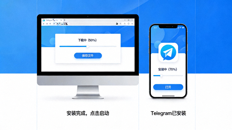 电脑桌面与手机屏幕同步展示Telegram安装过程的对比画面