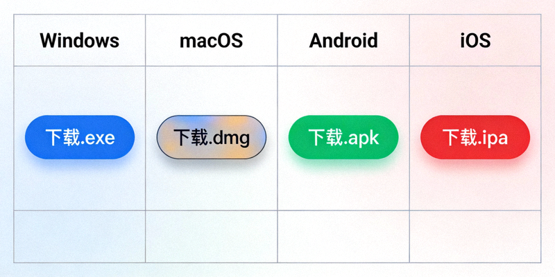 各平台下载按钮对比图，展示Windows、macOS、Android、iOS的不同下载选项