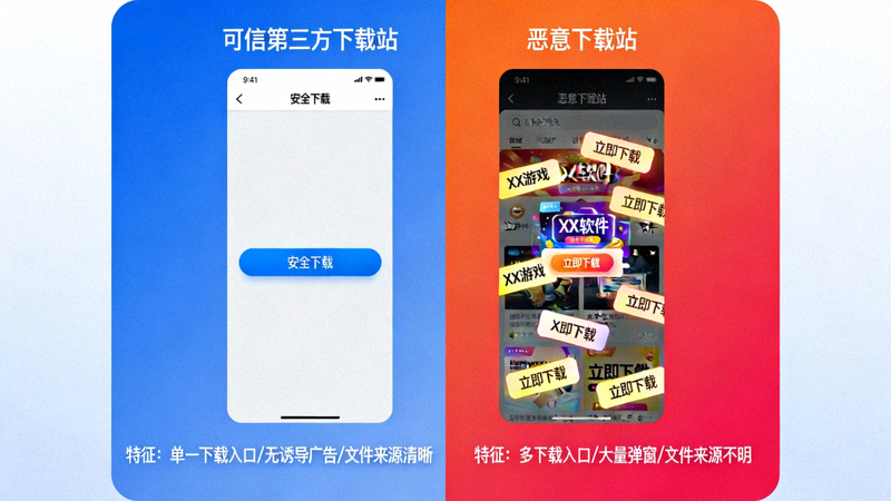 可信第三方下载站与恶意下载站界面特征对比图解