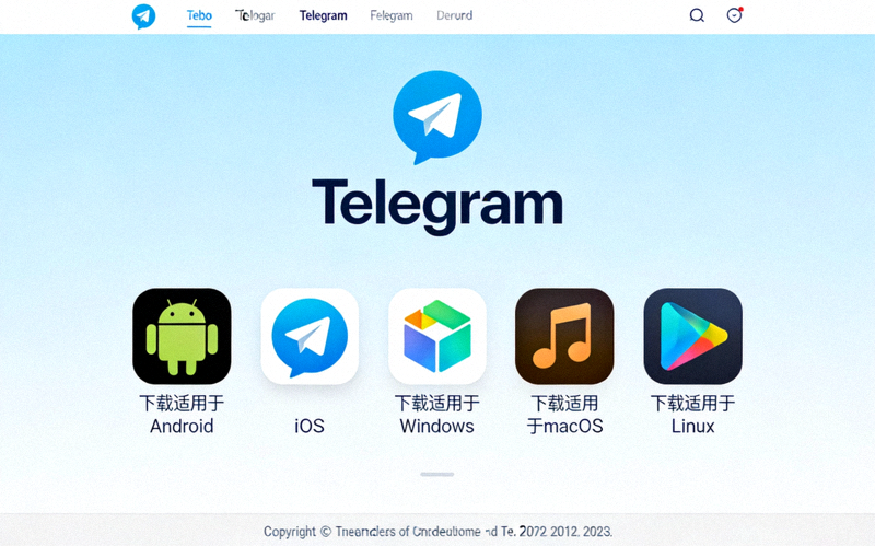 Telegram官方网站主页全景截图，展示Logo与各平台下载按钮