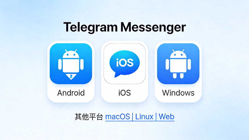 Telegram官网首页展示的各平台下载按钮截图，包括Android、iOS、Windows等