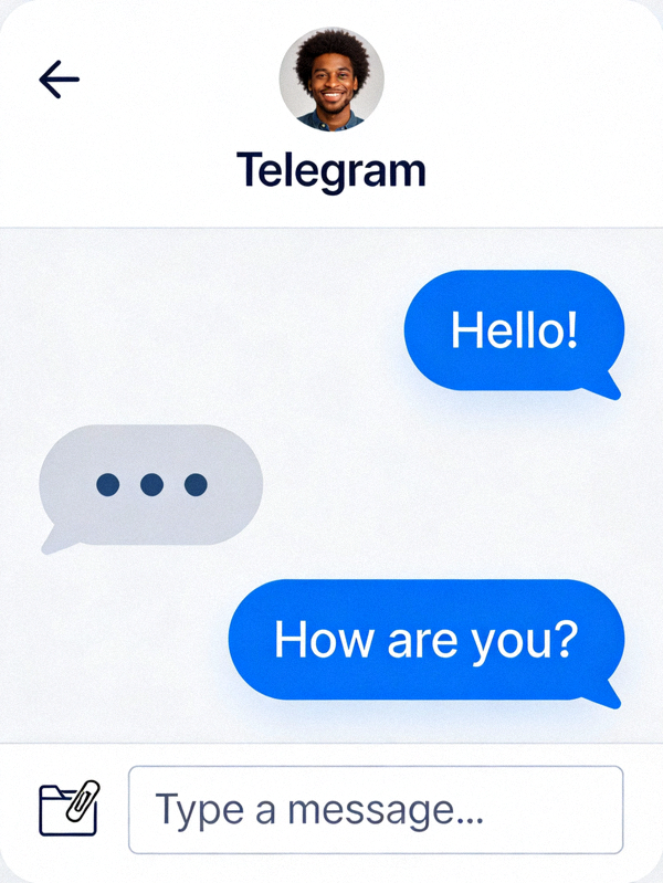 Telegram聊天界面演示，展示消息气泡、输入框和附件发送按钮