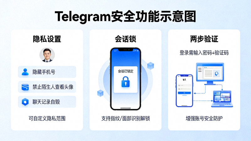 展示Telegram隐私设置、会话锁与两步验证安全功能示意图