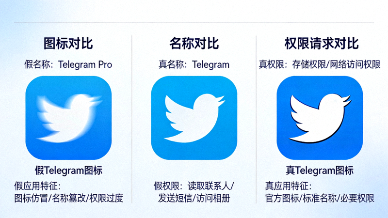 真假Telegram应用在图标、名称和权限请求上的对比图